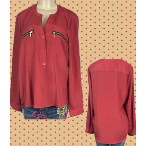Harve Bernard XL Tomato Red Button Split Neckline Zip Pockets Long Sleeve Blouse